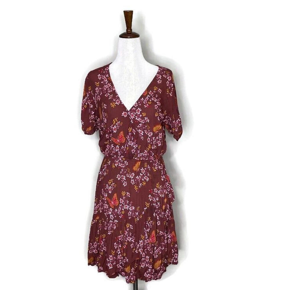Madewell Ruffle Wrap Dress Windowbox Floral Butterfly Burgundy Short Sleeve 6 - Picture 2 of 9